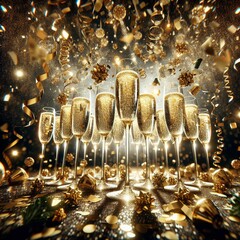 champagne glasses with confetti falling around, capturing the celebration of the new year.