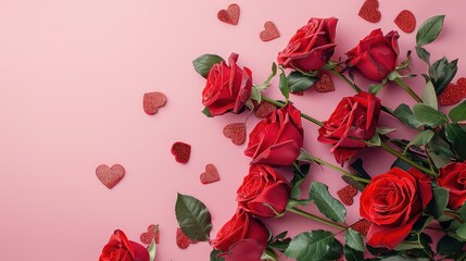 Wall Mural - Red roses with gold glitter hearts on a pink background.