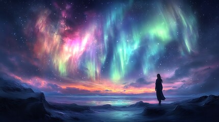 Wall Mural - A solitary figure stands in awe of the Northern Lights, a celestial display of vibrant colors in the night sky.