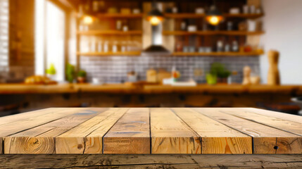 Wall Mural - Wood table top on blurred kitchen background. can be used mock up for montage products display or design layout