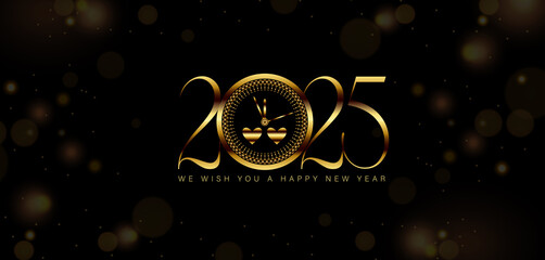 Wall Mural - The phrase Happy New Year 2025 displayed in gold on a black background, evoking a sense of joy and anticipation for the future