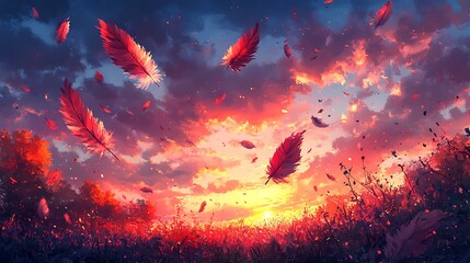 Canvas Print - Red Feathers Falling Against a Vibrant Sunset Sky.