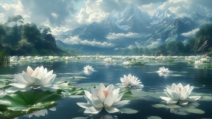 Sticker - Serene Lake with Water Lilies and Majestic Mountain Peaks in the Background.