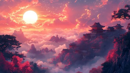 Sticker - Serene Sunset Over Ancient Temples in the Clouds.