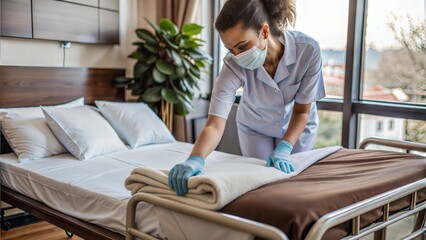 Canvas Print - nurse making the bed at a hospital.