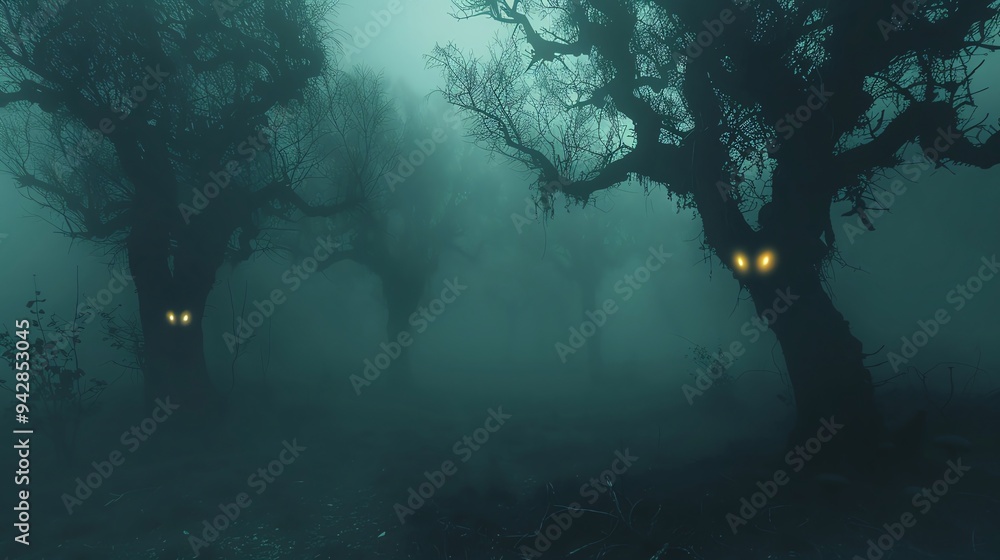 Foggy forest with twisted trees and glowing eyes, creating a chilling ...