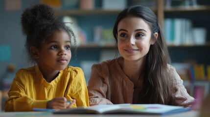 Wall Mural - A woman and a young girl are sitting at a table with a book in front of them