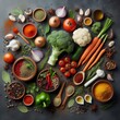 © Vladimir Steblev - op view of Herbs and spices, ingredients for cooking food, healthy vegetables food, high fibers and vitamins.