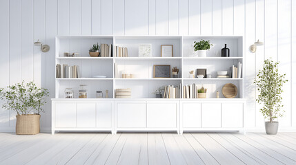 Sticker - Modern white cabinet with shelves and plants for your home decor.