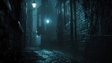 Fototapeta Uliczki - Dark alleyway with flickering streetlights, casting eerie shadows, perfect for a spooky Halloween text overlay dark alleyway, flickering streetlights, eerie shadows