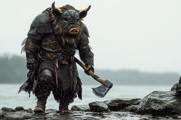 Wall Mural - Viking Boar: A boar in Viking armor with a helmet and axe, standing on a rocky shore