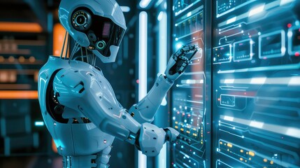 A futuristic robot interacts with a server rack's holographic interface, showcasing advanced technology and automation in data centers.