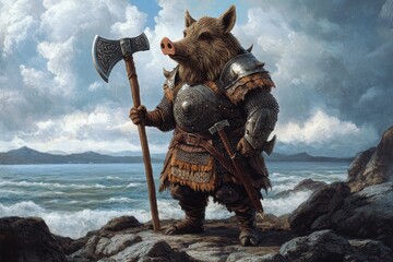 Sticker - Viking Boar: A boar in Viking armor with a helmet and axe, standing on a rocky shore