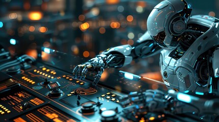 A futuristic robot with a glowing visor sits at a control panel, manipulating a glowing screen with its mechanical hand.