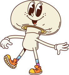 Poster - Groovy mushroom vegetable retro character. Isolated cartoon vector vintage cheerful champignon fungus personage with expressive eyes, wearing orange sneakers, walking with a happy and relaxed demeanor