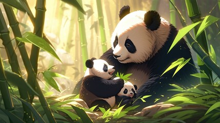 A mother panda sits with her two cubs in a bamboo forest, the sunlight shines through the leaves.