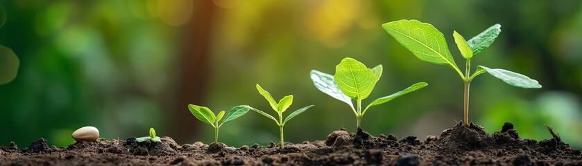 agriculture plant seeding growing step concept in garden and warm morning sunlight