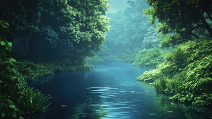 Wall Mural - A tranquil river winding through a dense forest, leaving ample space for text. Great for nature, adventure, or eco-friendly themes.