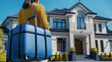 Woman with suitcase in front of modern home, real estate and travel concept