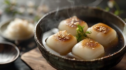 a bowl filled with food on top of a wooden table