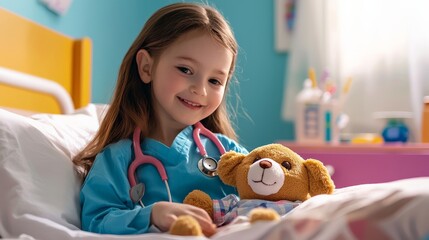 A child pretending to be a nurse, taking care of a stuffed animal in a toy hospital bed