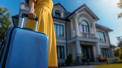 Woman with suitcase in front of modern home, real estate and travel concept