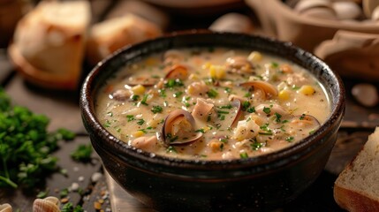 Wall Mural - a bowl of clam chowee next to a slice of bread