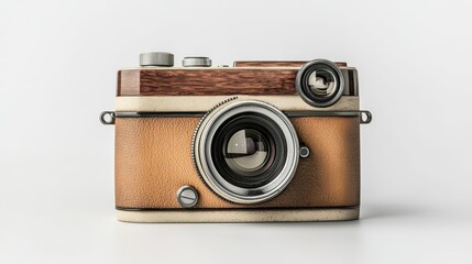 Vintage camera with wooden accents, perfect for photography enthusiasts and retro design lovers.