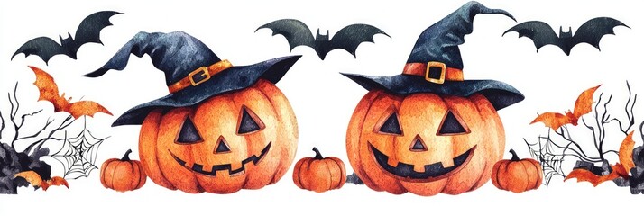 High-res watercolor vector of a festive Halloween setting with two pumpkins, witch hats, and bats in the backdrop.