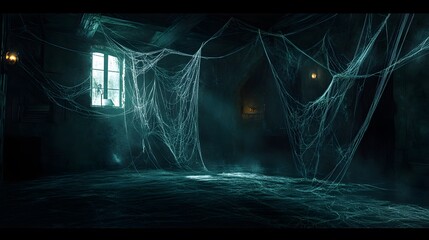 Wall Mural - Oversized spider webs draped across a dark, eerie room with glowing eyes in the shadows