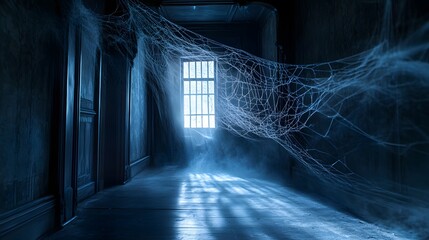 Wall Mural - Oversized spider web catching the light in a dark, spooky room