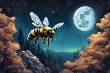 A captivating illustration of a closeup bee flying at the peak of stone in front of a full moon ai generated