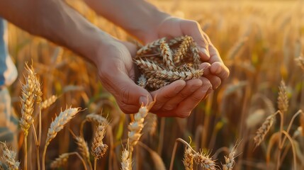 Close-up of hands holding wheat stalks in a field.