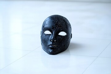 Wall Mural - Isolated black Halloween mask on a white floor, focused on its eerie and abandoned appearance.