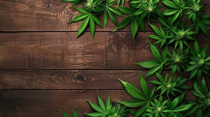 Wall Mural - Green cannabis leaves on rustic wooden background.