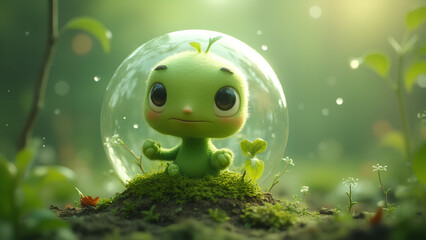 The green cute kind sweet plant with big adorable eyes inside a bubble 