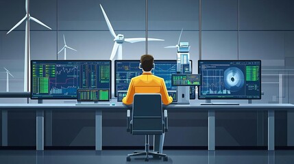 Wind turbine engineer in a control room, monitors displaying turbine data, flat design illustration, sleek modern design, bright digital screens
