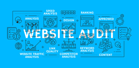 Aufkleber - Web audit line icons of website analytics and keywords analysis, vector background. Web audit outline icons of content optimization and web performance analysis for website ranking and traffic