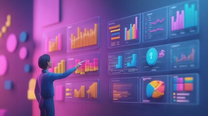 Wall Mural - The graphic is a stock chart with people and hands in the picture showing that they are working and checking the stock market. There are futuristic and modern lights.