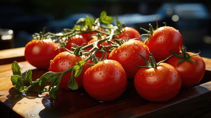 Wall Mural - a wooden cutting board topped with lots of ripe tomatoes