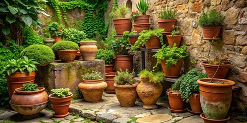 Wall Mural - 10. Earthy brown terracotta pots with lush green plants and moss-covered stones, on a rustic stone patio, a realistic photo image.