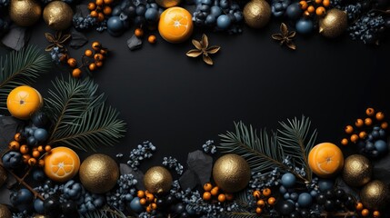 Wall Mural - a black and gold christmas background with oranges and berries