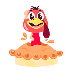 Poster - Cartoon style sticker of turkey eating thanksgiving food 

