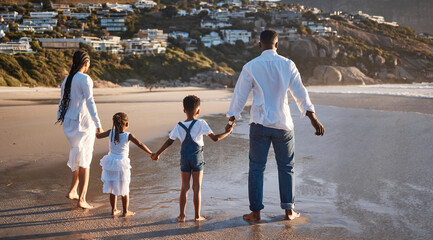 Poster - Black family, holding hands and walking on beach for travel with bonding, adventure and holiday fun with back. African people, parents and children at ocean for relax, support and enjoyment in summer