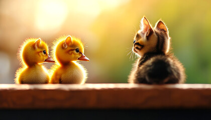 a charming scene featuring a playful kitten and two adorable ducklings in a warm, sunlit setting, ev