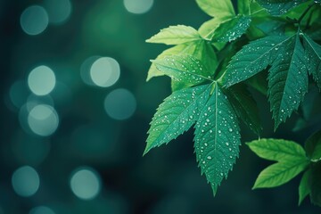 Close-up of green leaves with water drops. Perfect for nature, environment, and spring concepts.