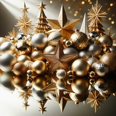 Wall Mural - A mix of gold and silver Christmas ornaments on a reflective surface, symbolizing holiday luxury.