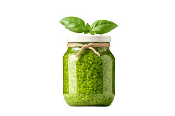 Wall Mural - A jar of fresh green pesto sauce with basil leaves on top and around the jar, isolated on a white background.