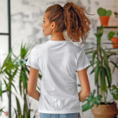 a woman wearing a white Tshirt mock up back view