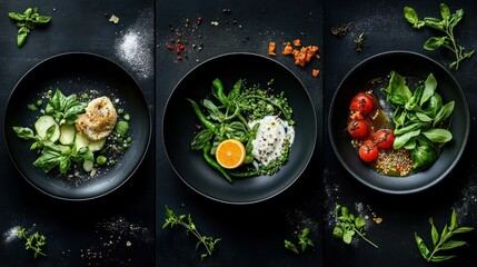 Wall Mural - Three Plates of Gourmet Food with Herbs and Spices